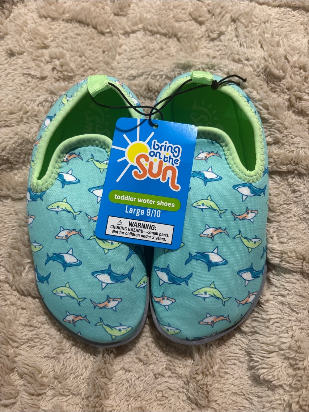 Bring on the Sun Toddler Water Shoes in Aqua Shark Print - Large 9/10
